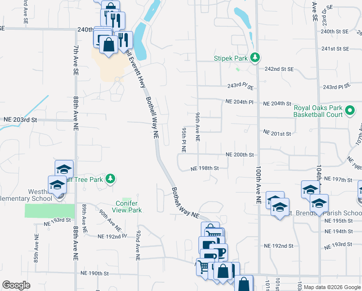 map of restaurants, bars, coffee shops, grocery stores, and more near 20011 95th Place Northeast in Bothell