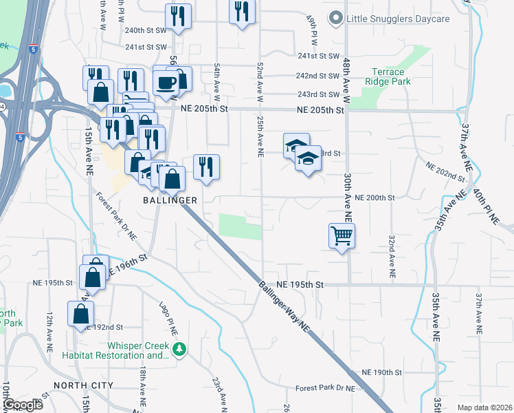 map of restaurants, bars, coffee shops, grocery stores, and more near 19854 25th Avenue Northeast in Shoreline
