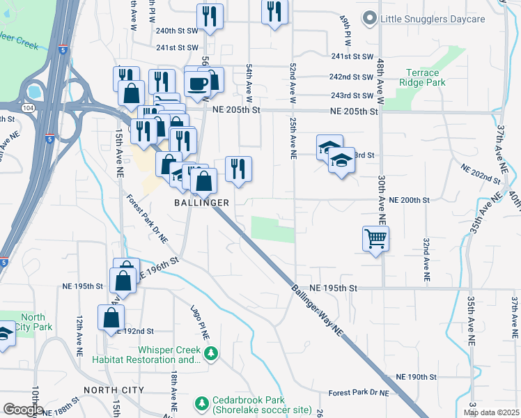 map of restaurants, bars, coffee shops, grocery stores, and more near 19851 25th Avenue Northeast in Shoreline