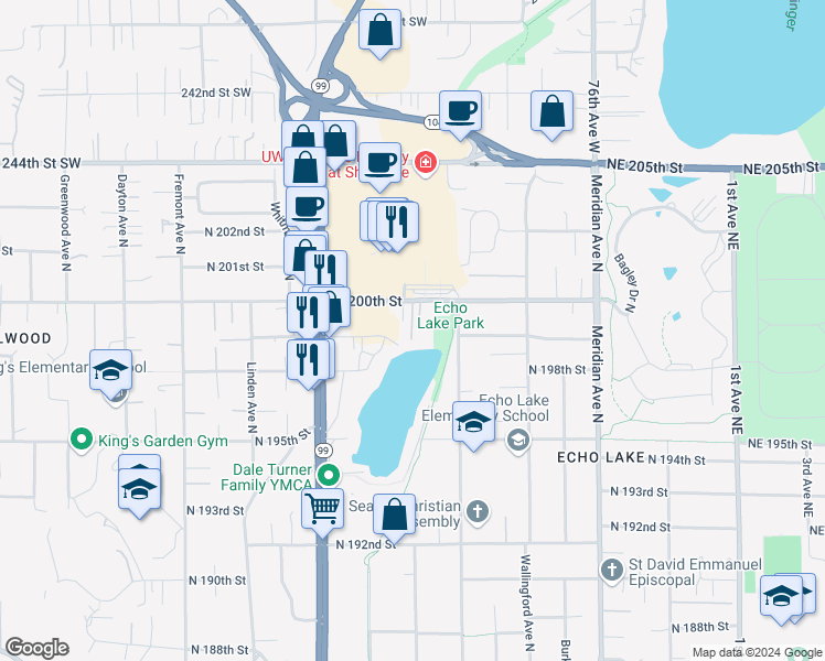 map of restaurants, bars, coffee shops, grocery stores, and more near 1313 North 200th Street in Shoreline