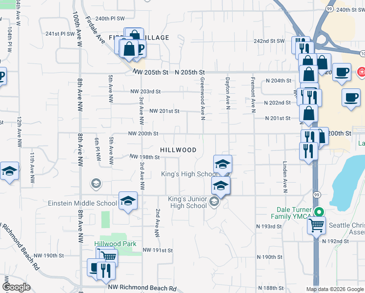 map of restaurants, bars, coffee shops, grocery stores, and more near in Shoreline