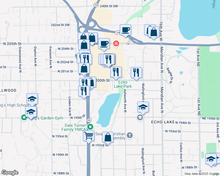 map of restaurants, bars, coffee shops, grocery stores, and more near 1313 North 200th Street in Shoreline