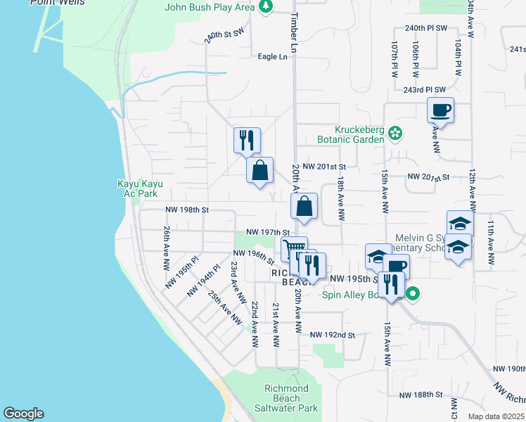 map of restaurants, bars, coffee shops, grocery stores, and more near 2120 Northwest 198th Street in Shoreline