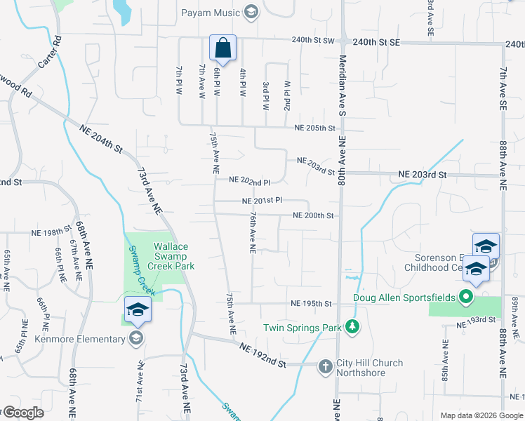 map of restaurants, bars, coffee shops, grocery stores, and more near 7614 Northeast 200th Street in Kenmore
