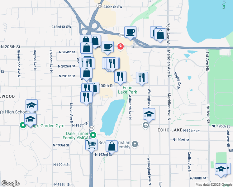 map of restaurants, bars, coffee shops, grocery stores, and more near 1313 North 200th Street in Shoreline