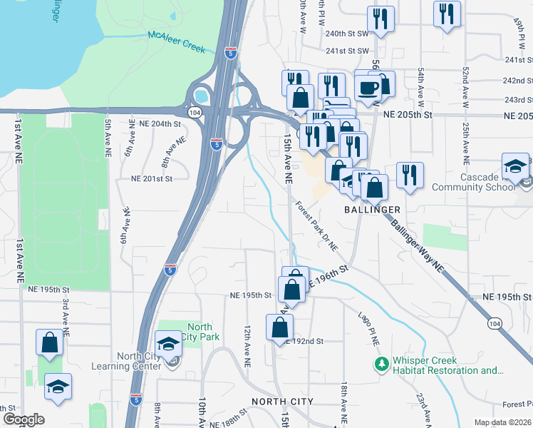 map of restaurants, bars, coffee shops, grocery stores, and more near 1234 Northeast Ballinger Place in Shoreline