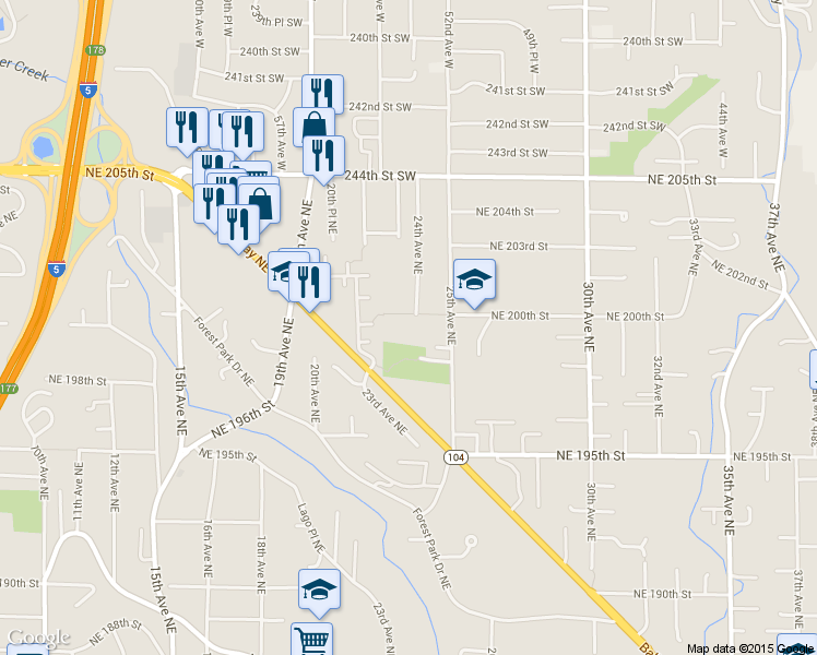 map of restaurants, bars, coffee shops, grocery stores, and more near 19855 25th Avenue Northeast in Shoreline