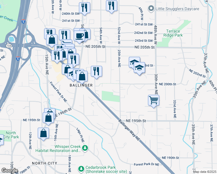 map of restaurants, bars, coffee shops, grocery stores, and more near 19851 25th Avenue Northeast in Shoreline
