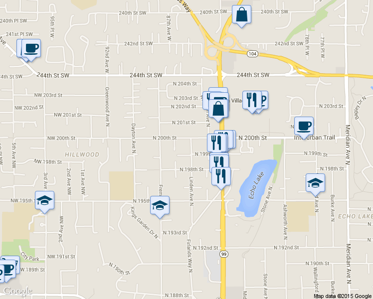 map of restaurants, bars, coffee shops, grocery stores, and more near 19911 Linden Ave N in Shoreline