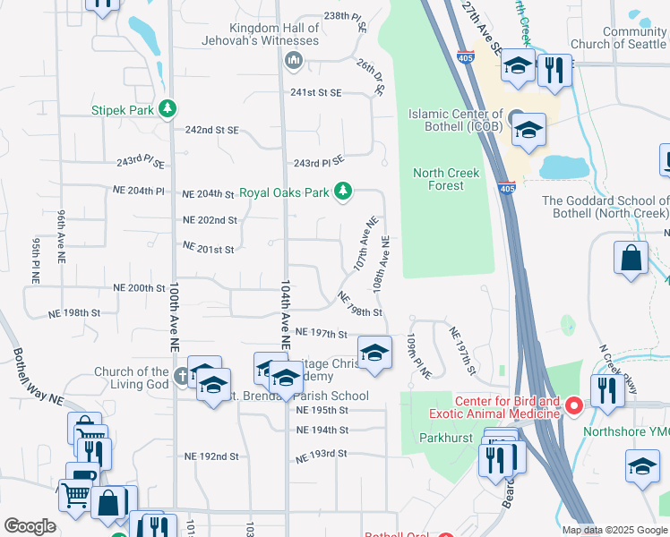 map of restaurants, bars, coffee shops, grocery stores, and more near 20027 106th Avenue Northeast in Bothell
