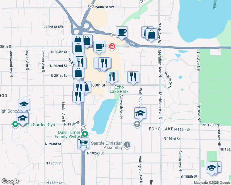 map of restaurants, bars, coffee shops, grocery stores, and more near 20000 Ashworth Avenue North in Shoreline