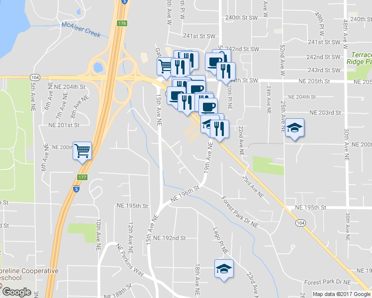 map of restaurants, bars, coffee shops, grocery stores, and more near 1619 Northeast 199th Place in Shoreline