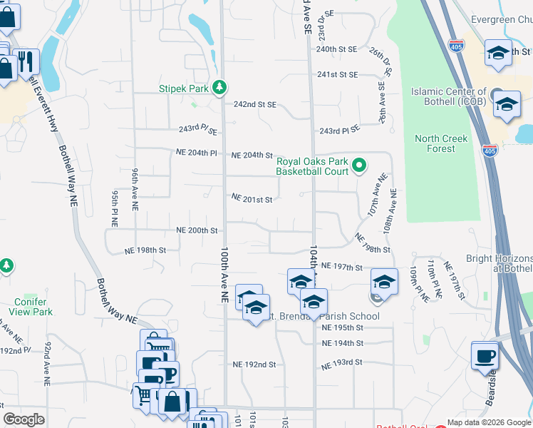 map of restaurants, bars, coffee shops, grocery stores, and more near 20003 101st Place Northeast in Bothell