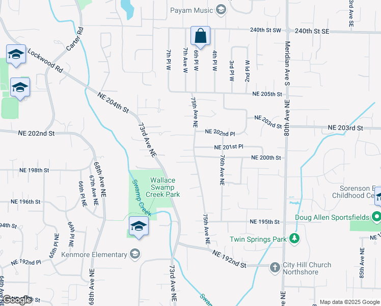 map of restaurants, bars, coffee shops, grocery stores, and more near 20007 75th Avenue Northeast in Kenmore