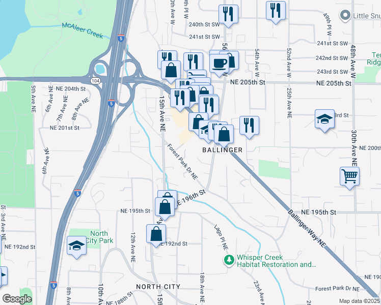 map of restaurants, bars, coffee shops, grocery stores, and more near 1619 Northeast 199th Place in Shoreline