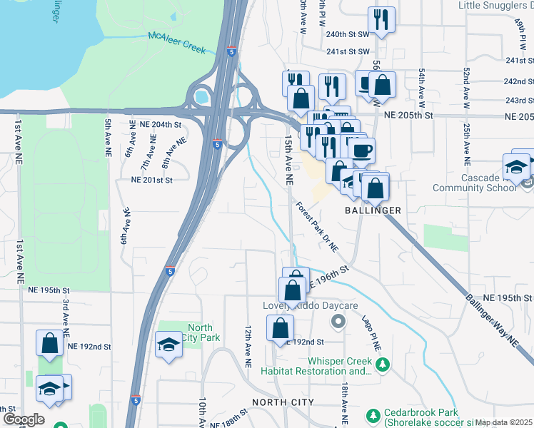 map of restaurants, bars, coffee shops, grocery stores, and more near 1234 Northeast Ballinger Place in Shoreline