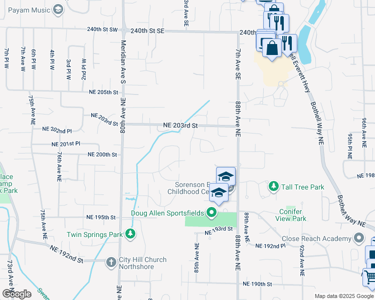 map of restaurants, bars, coffee shops, grocery stores, and more near 20117 84th Pl NE in Bothell