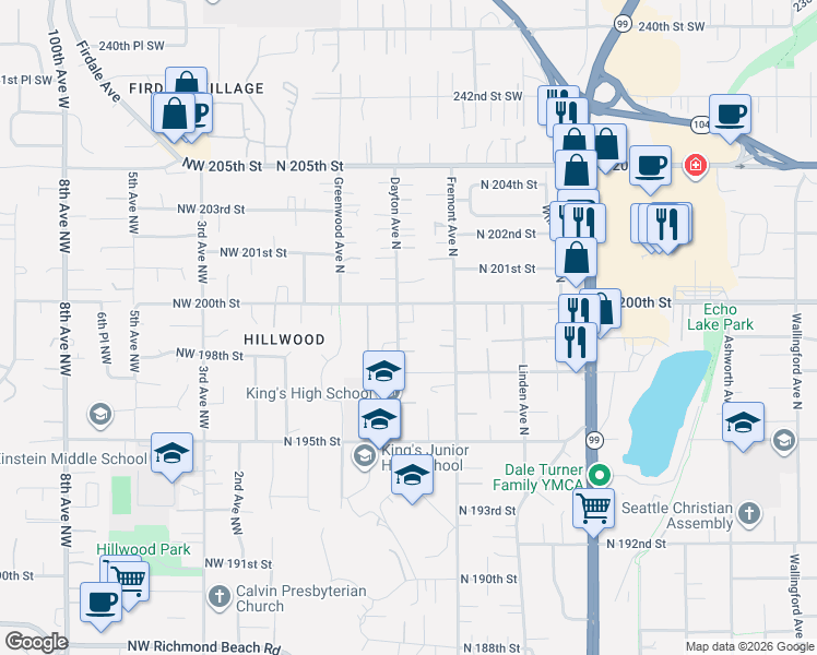 map of restaurants, bars, coffee shops, grocery stores, and more near 19912 Dayton Avenue North in Shoreline