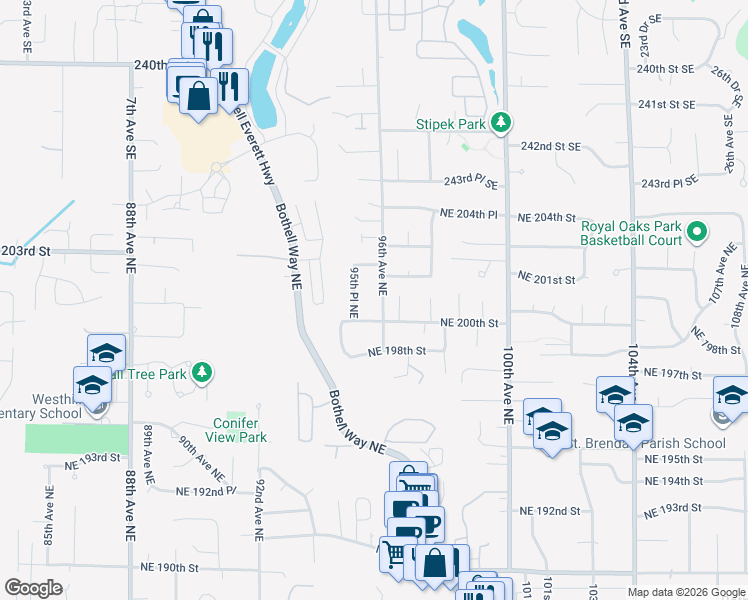 map of restaurants, bars, coffee shops, grocery stores, and more near 20021 96th Ave NE in Bothell