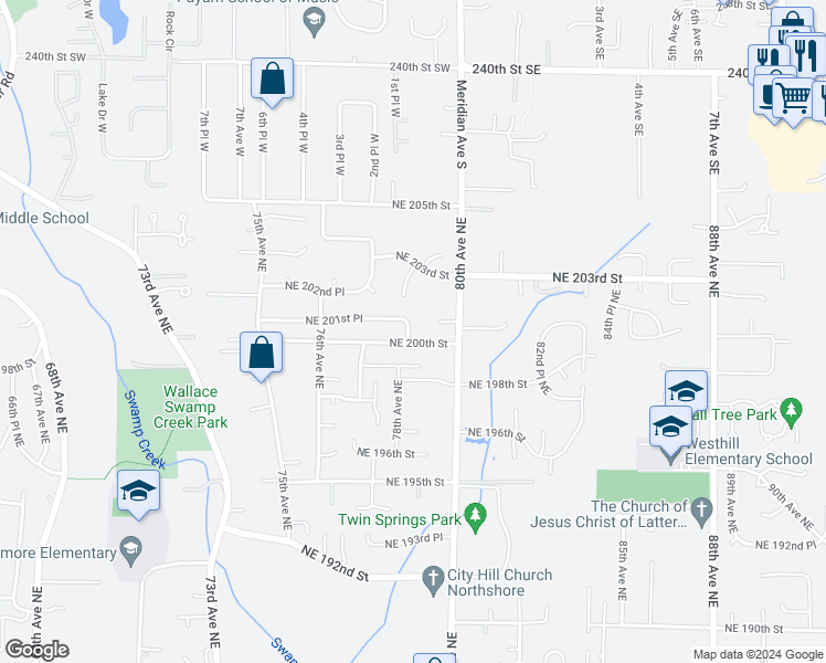map of restaurants, bars, coffee shops, grocery stores, and more near 20012 79th Avenue Northeast in Kenmore