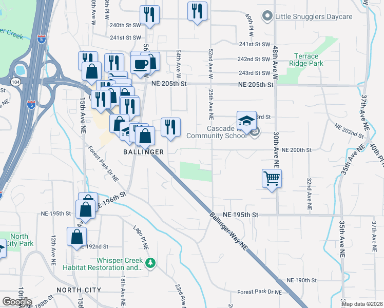 map of restaurants, bars, coffee shops, grocery stores, and more near 19857 25th Avenue Northeast in Shoreline