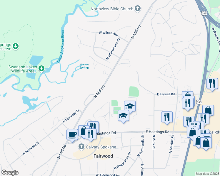 map of restaurants, bars, coffee shops, grocery stores, and more near 12800 North Mill Road in Spokane