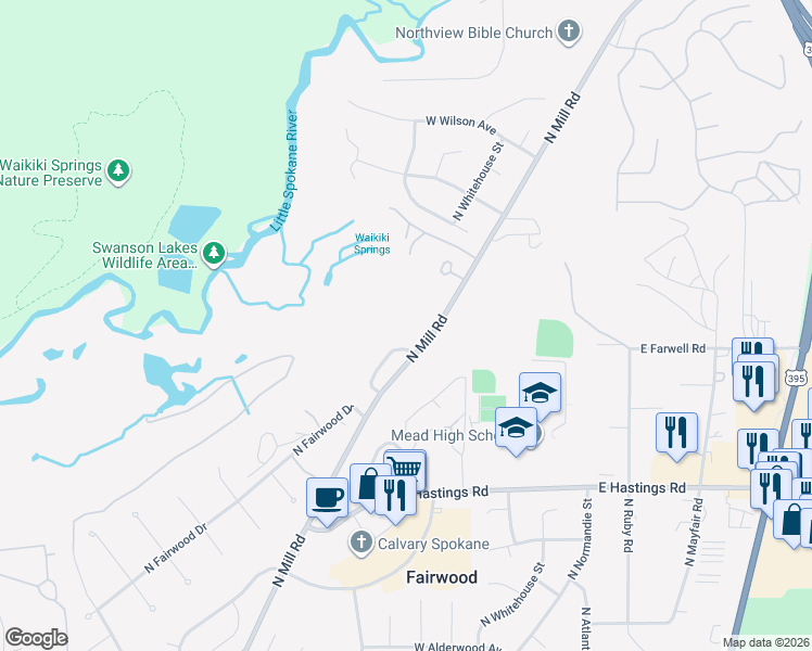 map of restaurants, bars, coffee shops, grocery stores, and more near 12815 North Mill Road in Spokane