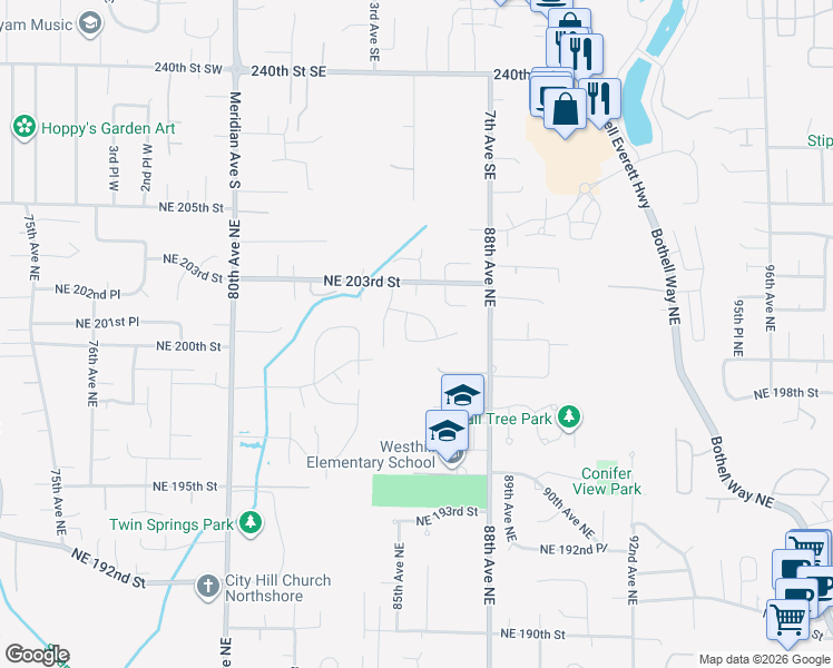 map of restaurants, bars, coffee shops, grocery stores, and more near 8516 Northeast 201st Place in Bothell