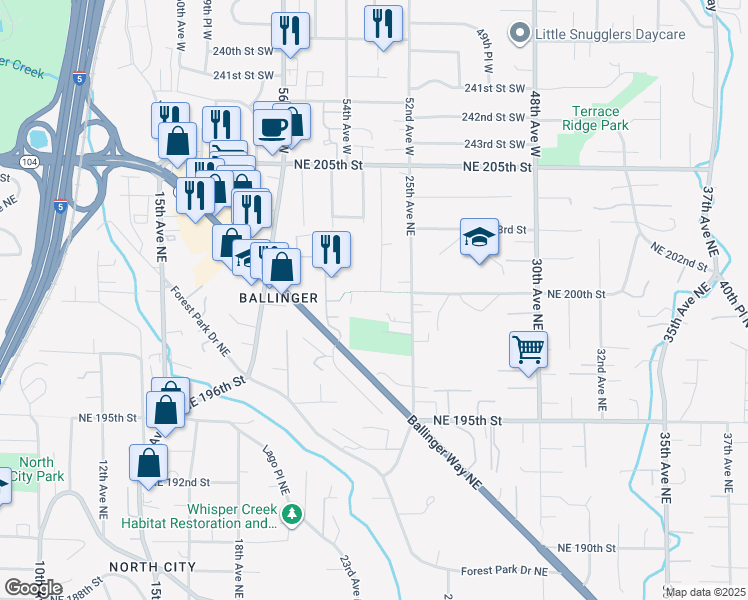 map of restaurants, bars, coffee shops, grocery stores, and more near 19857 25th Avenue Northeast in Shoreline