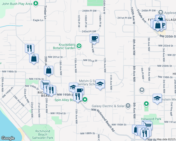 map of restaurants, bars, coffee shops, grocery stores, and more near 1402 Northwest 198th Place in Shoreline