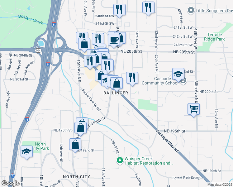map of restaurants, bars, coffee shops, grocery stores, and more near 19939 Ballinger Way Northeast in Shoreline