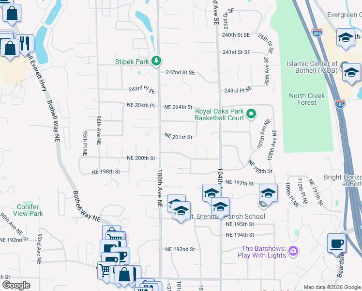 map of restaurants, bars, coffee shops, grocery stores, and more near 20003 101st Place Northeast in Bothell