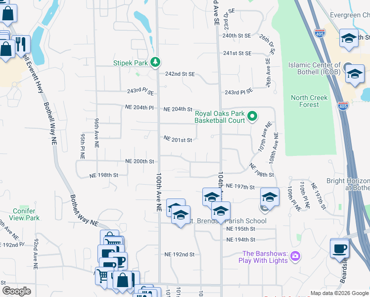 map of restaurants, bars, coffee shops, grocery stores, and more near 20003 101st Place Northeast in Bothell