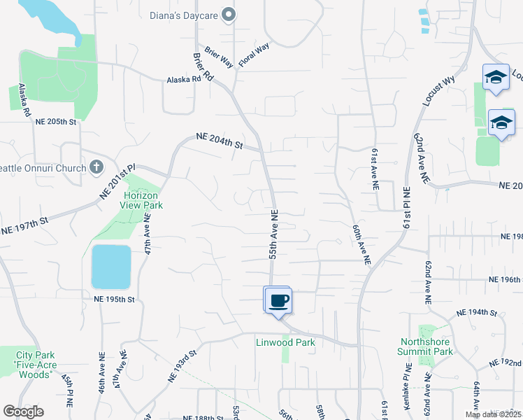map of restaurants, bars, coffee shops, grocery stores, and more near 19837 55th Avenue Northeast in Lake Forest Park