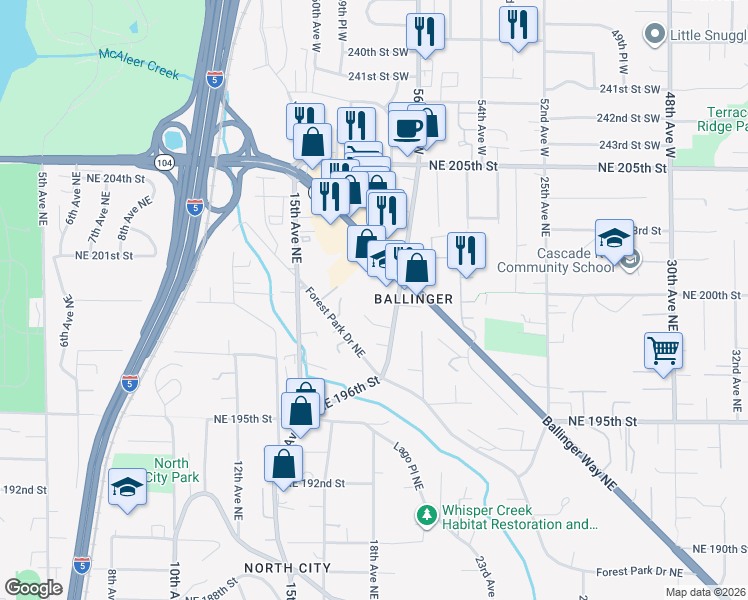 map of restaurants, bars, coffee shops, grocery stores, and more near 19921 19th Avenue Northeast in Shoreline