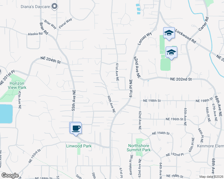 map of restaurants, bars, coffee shops, grocery stores, and more near 6042 Northeast 200th Street in Kenmore