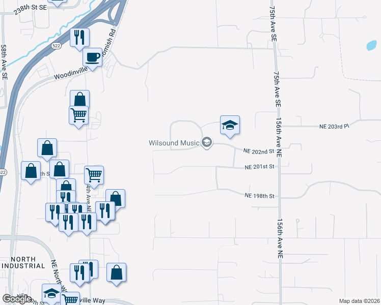 map of restaurants, bars, coffee shops, grocery stores, and more near 14937 Northeast 202nd Street in Woodinville