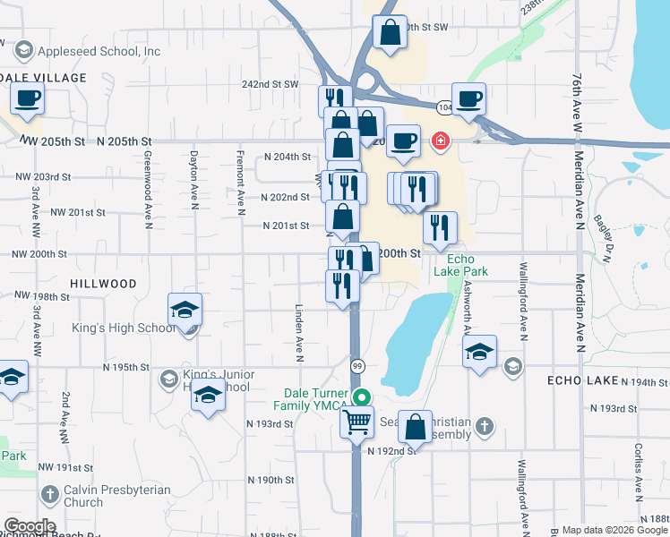 map of restaurants, bars, coffee shops, grocery stores, and more near 937 North 200th Street in Shoreline
