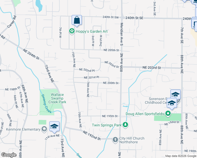 map of restaurants, bars, coffee shops, grocery stores, and more near 7703 Northeast 201st Place in Kenmore