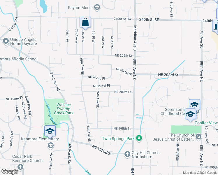 map of restaurants, bars, coffee shops, grocery stores, and more near 7703 Northeast 201st Place in Kenmore