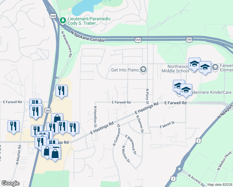 map of restaurants, bars, coffee shops, grocery stores, and more near 1007 East Farwell Road in Spokane