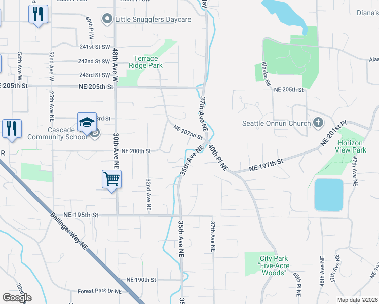 map of restaurants, bars, coffee shops, grocery stores, and more near 19759 35th Avenue Northeast in Lake Forest Park