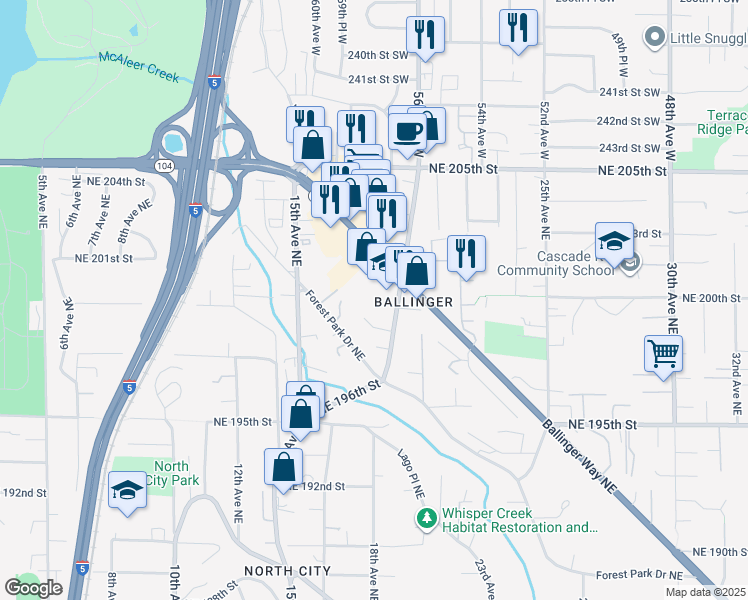 map of restaurants, bars, coffee shops, grocery stores, and more near 19921 19th Avenue Northeast in Shoreline