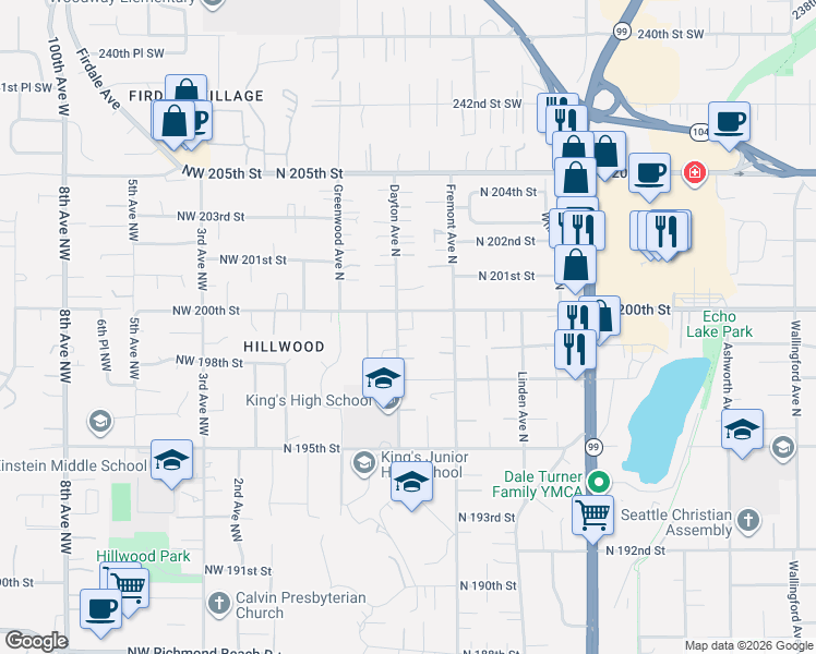map of restaurants, bars, coffee shops, grocery stores, and more near 19912 Dayton Avenue North in Shoreline