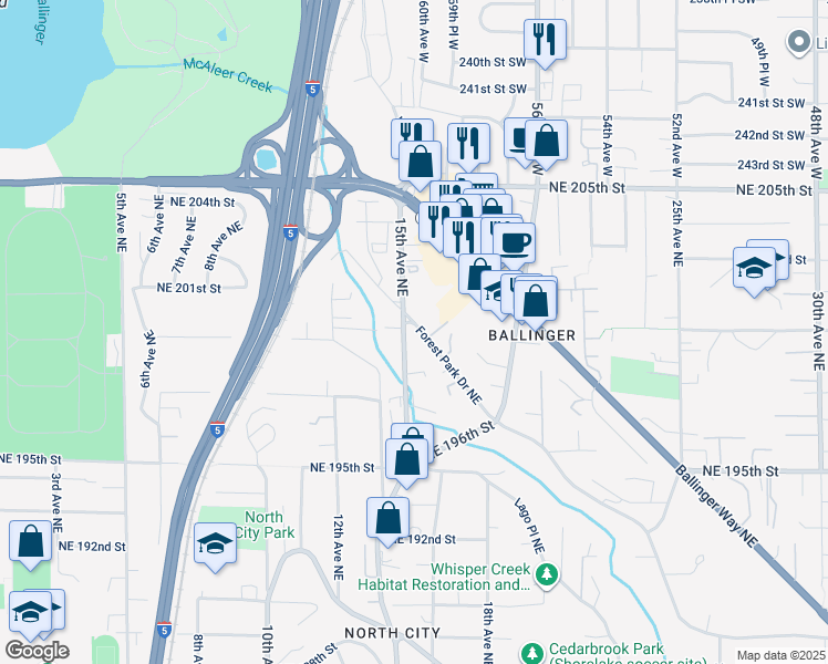 map of restaurants, bars, coffee shops, grocery stores, and more near 19931 Forest Park Drive Northeast in Shoreline