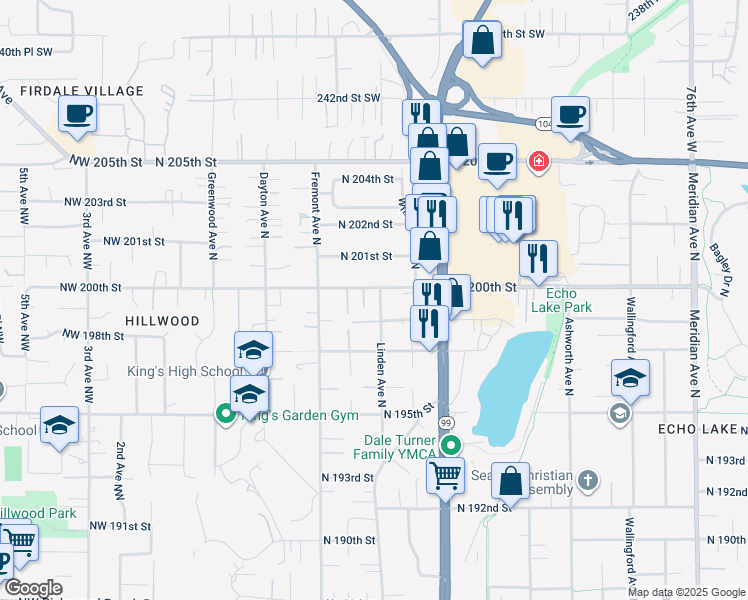 map of restaurants, bars, coffee shops, grocery stores, and more near 19911 Linden Avenue North in Shoreline