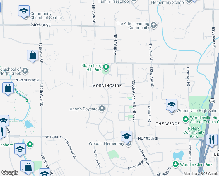 map of restaurants, bars, coffee shops, grocery stores, and more near 12801 Northeast 201st Place in Bothell