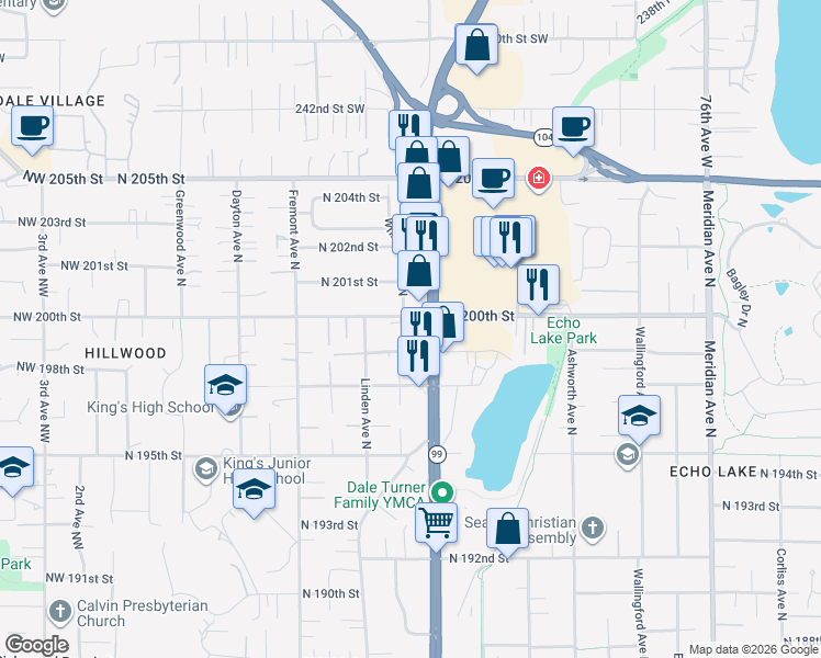 map of restaurants, bars, coffee shops, grocery stores, and more near 935 North 200th Street in Shoreline