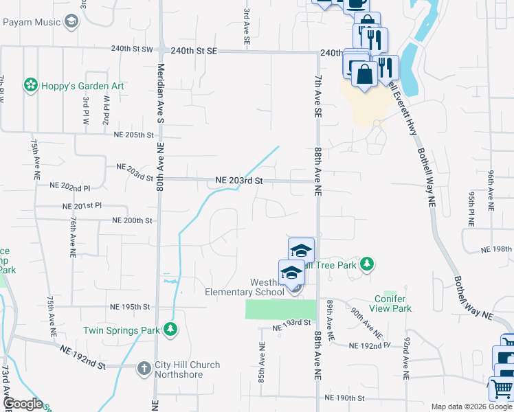 map of restaurants, bars, coffee shops, grocery stores, and more near 20132 84th Place Northeast in Bothell