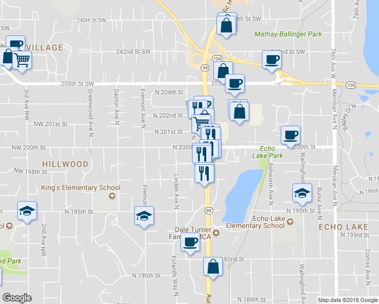 map of restaurants, bars, coffee shops, grocery stores, and more near 917 North 200th Street in Seattle